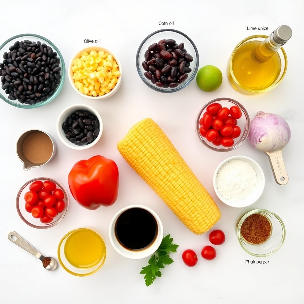 Ingredients for Easy Cowboy Caviar on a marble surface