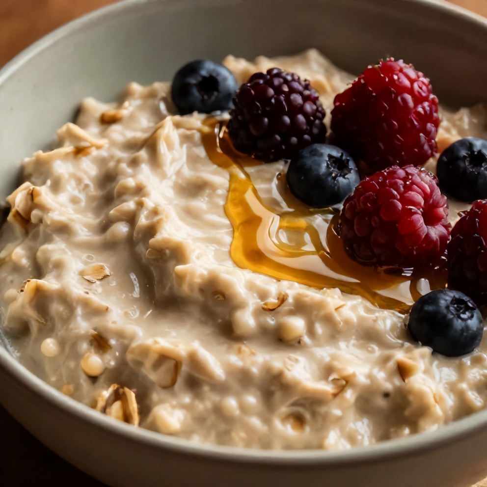 Bowl of creamy oatmeal topped with fresh berries and a drizzle of honey
