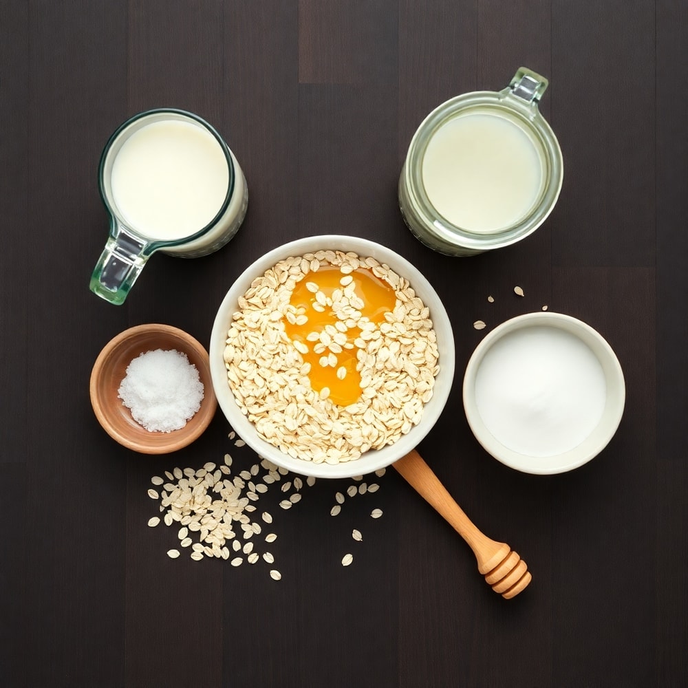Oats, milk, water, salt, and honey laid out on a wooden surface