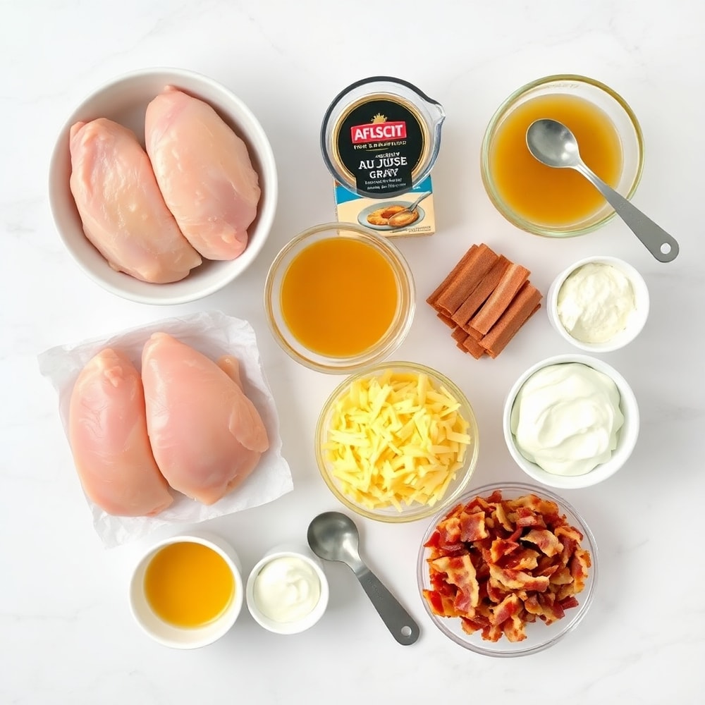 Crockpot Crack Chicken ingredients laid out on a marble countertop