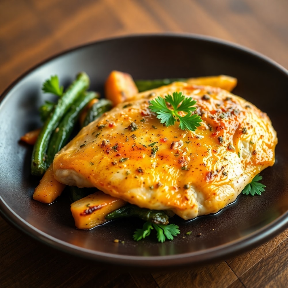 Plated garlic herb chicken and veggies