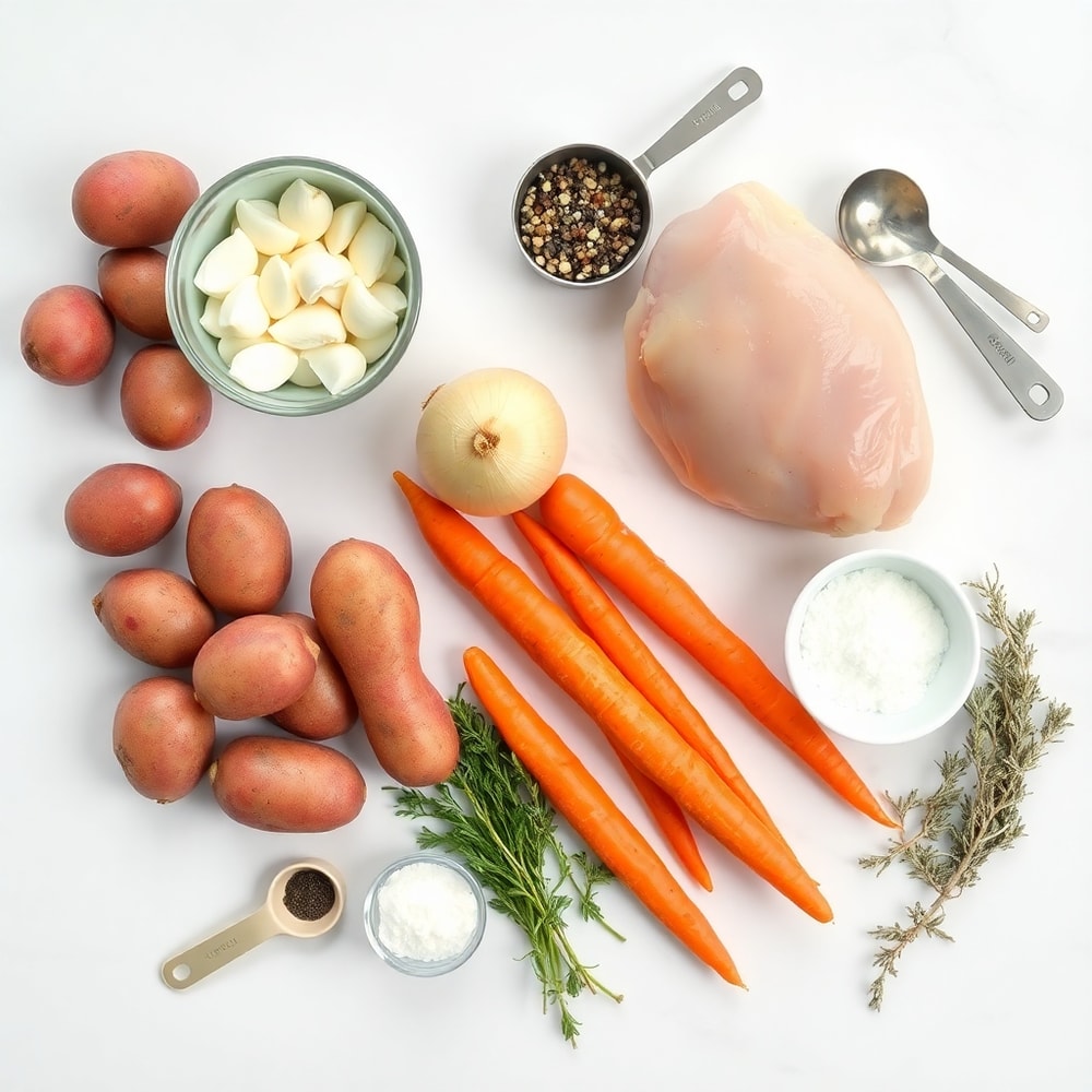 Raw ingredients for garlic herb chicken and veggies laid out