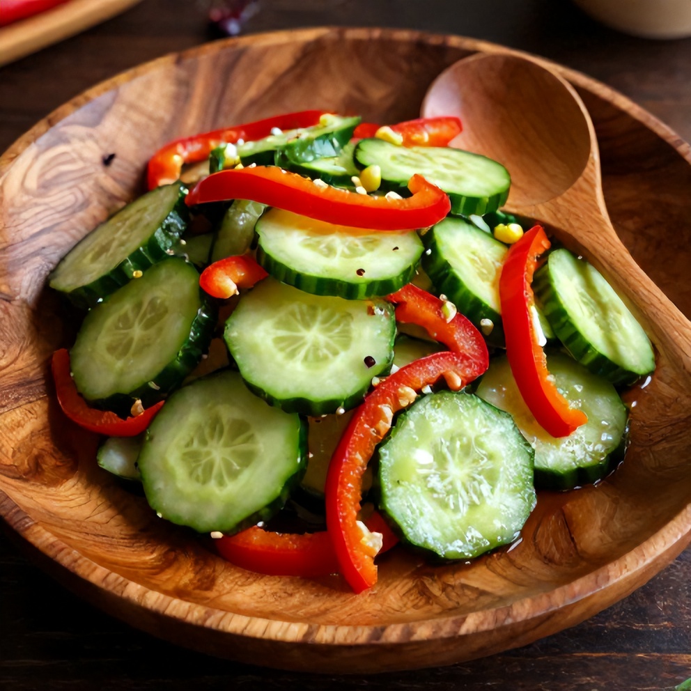 Cucumber Sweet Pepper Salad on a rustic wooden table