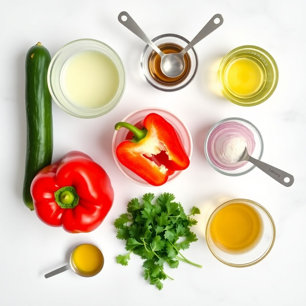 Cucumber, sweet pepper, red onion, and other ingredients laid out on a wooden surface