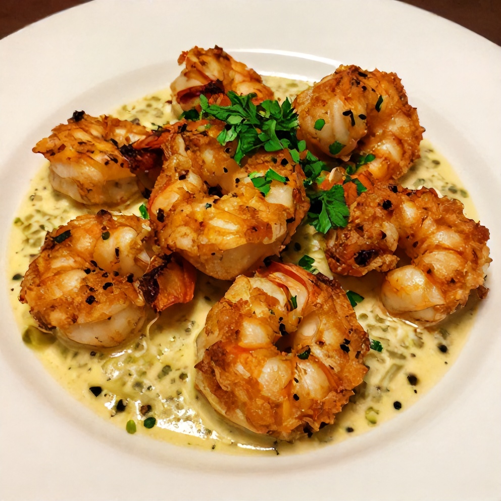Plated Garlic Butter Shrimp Scampi with parsley garnish