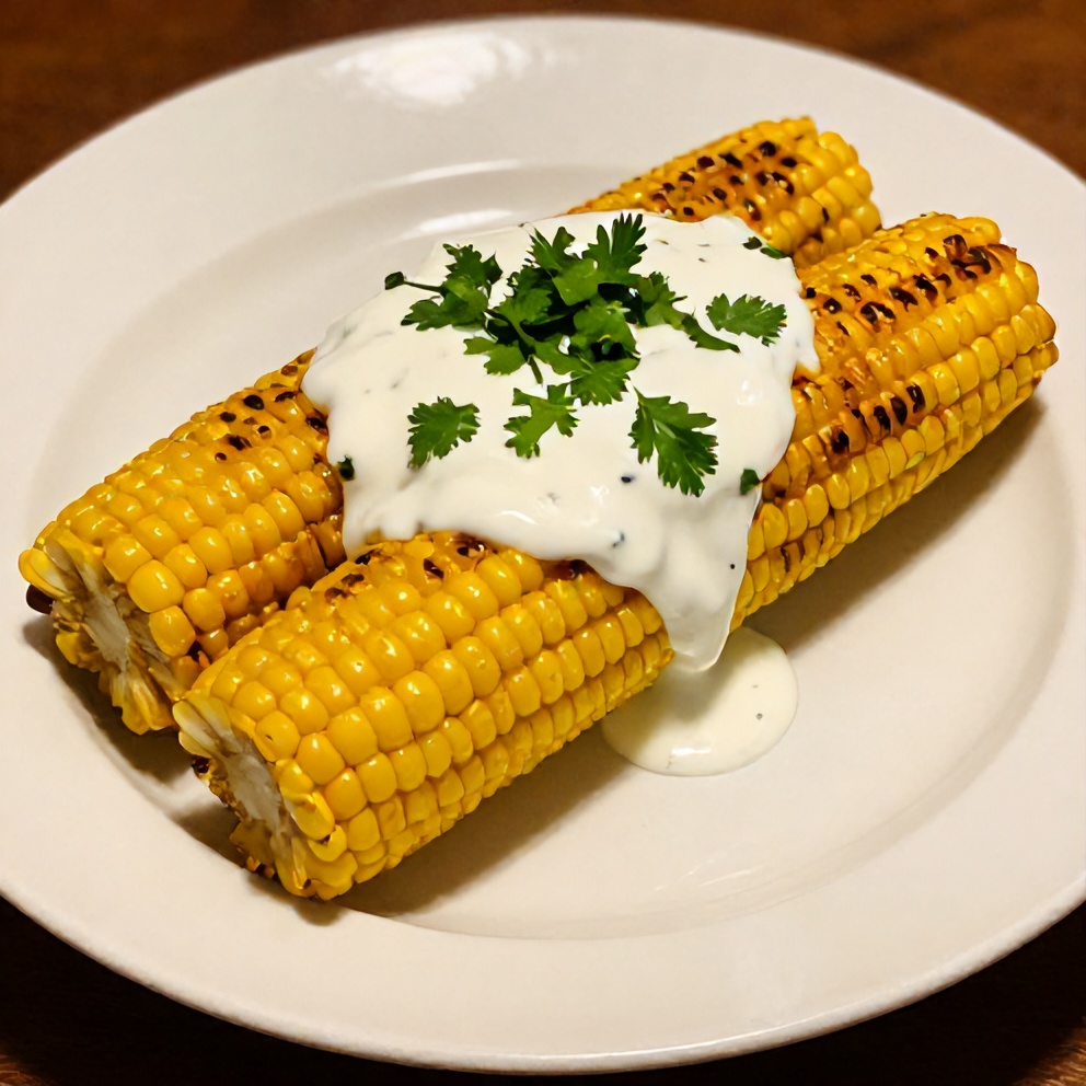 Plated grilled corn on the cob with chili lime yogurt sauce
