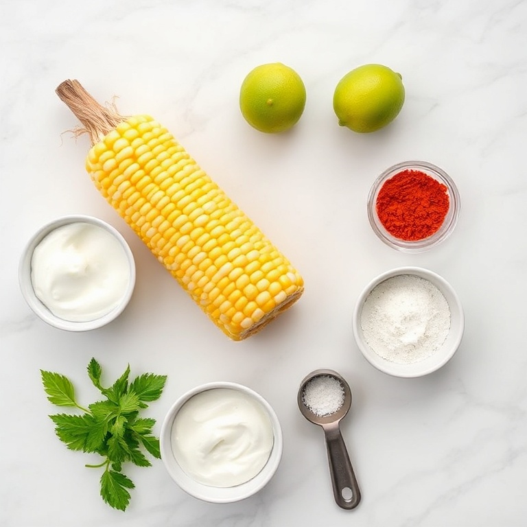 Raw ingredients for grilled corn with chili lime yogurt sauce