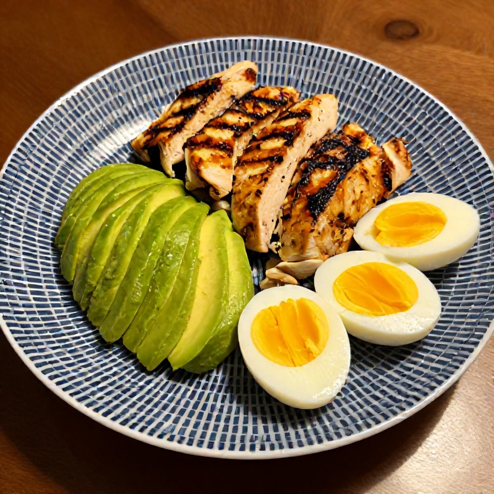 Plated grilled chicken cobb salad with avocado and hard-boiled eggs