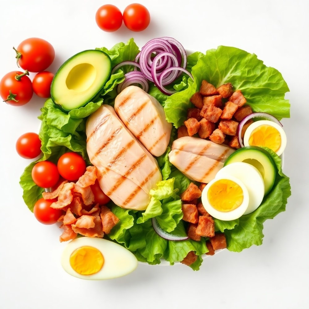 Raw ingredients for high protein grilled chicken cobb salad