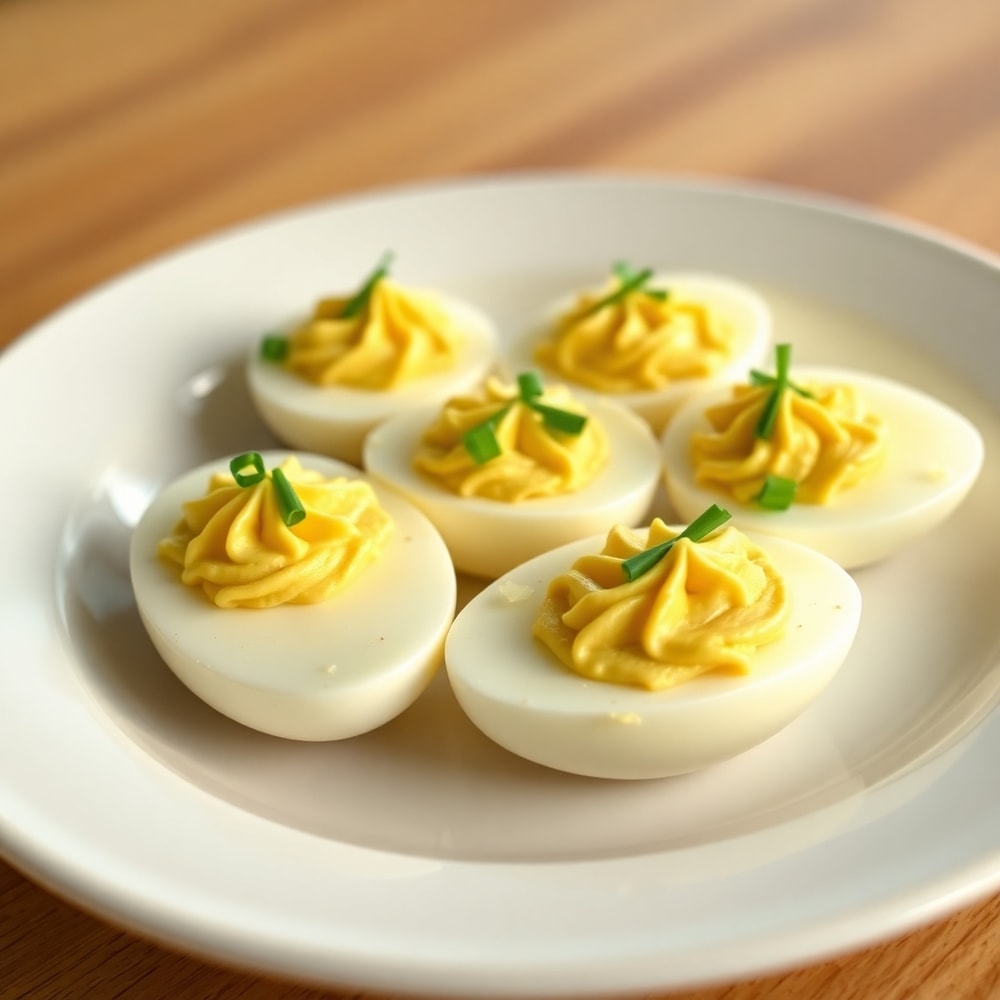 Plated deviled eggs garnished with fresh chives