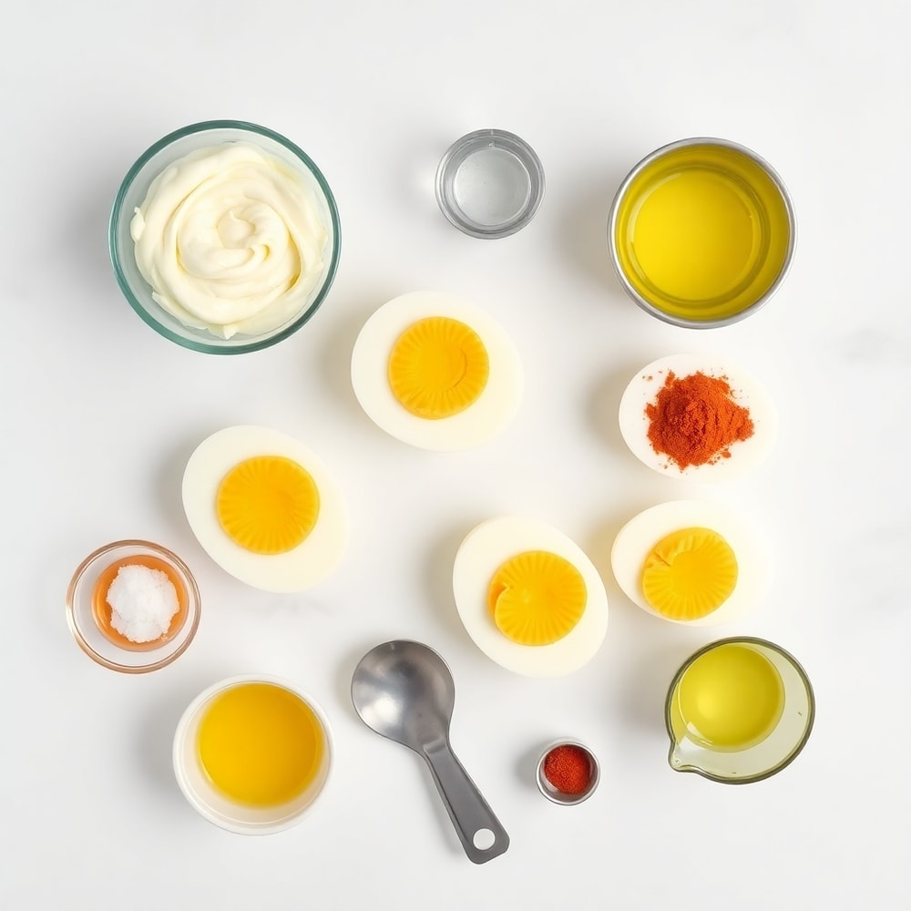 Hard-boiled eggs, mayonnaise, mustard, vinegar, salt, and paprika arranged on a white marble surface