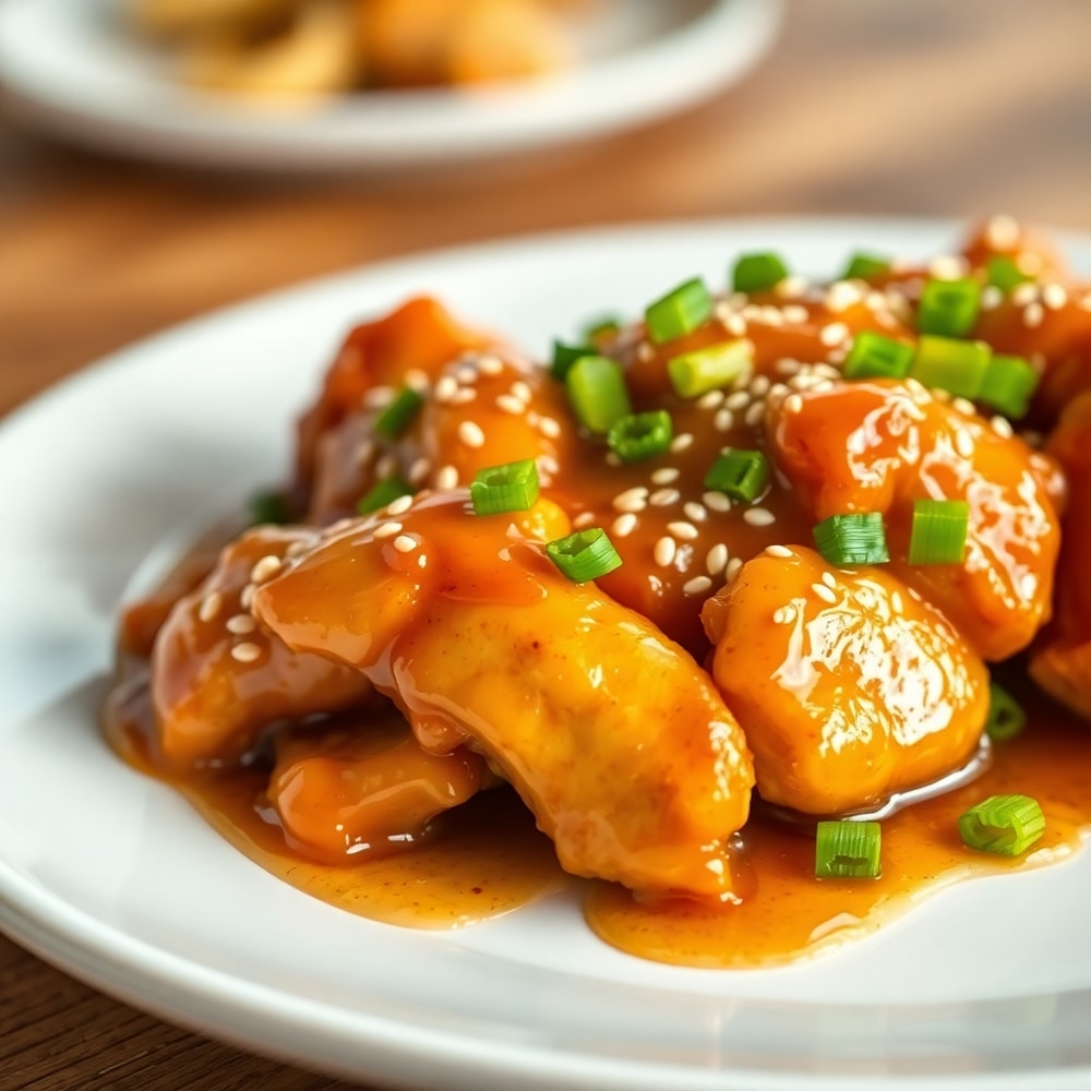 Plated honey garlic chicken with green onions