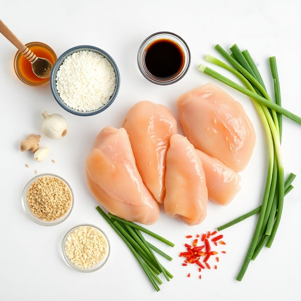 Raw ingredients for honey garlic chicken arranged in a flat lay