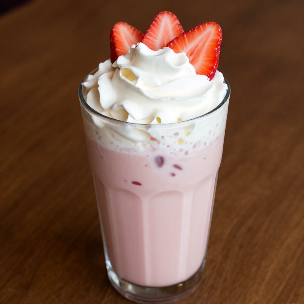 Iced Matcha Strawberry Latte with a straw
