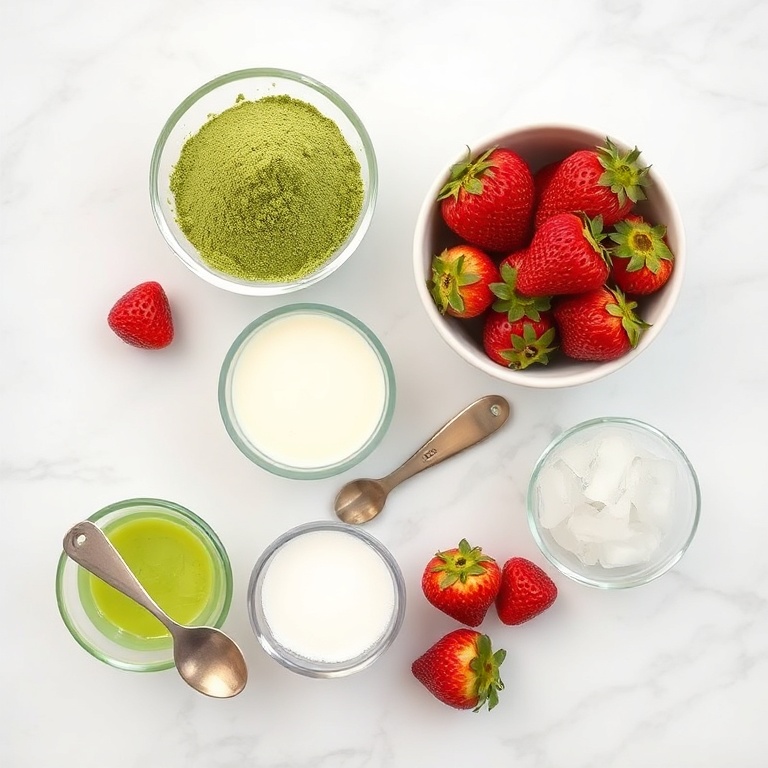 Matcha powder, fresh strawberries, milk, sugar, ice
