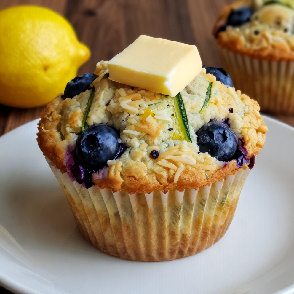 Plated lemon blueberry zucchini muffin with a pat of butter