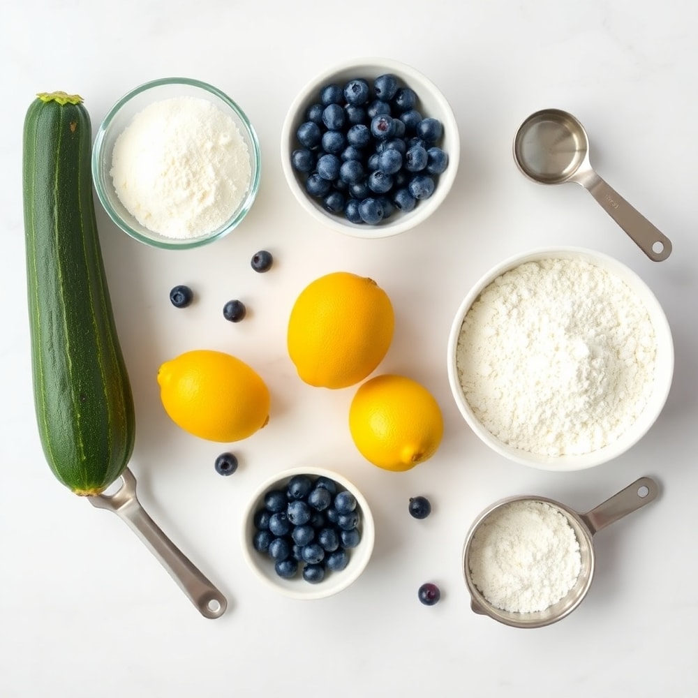 Raw ingredients for lemon blueberry zucchini muffins including zucchini, blueberries, and lemon