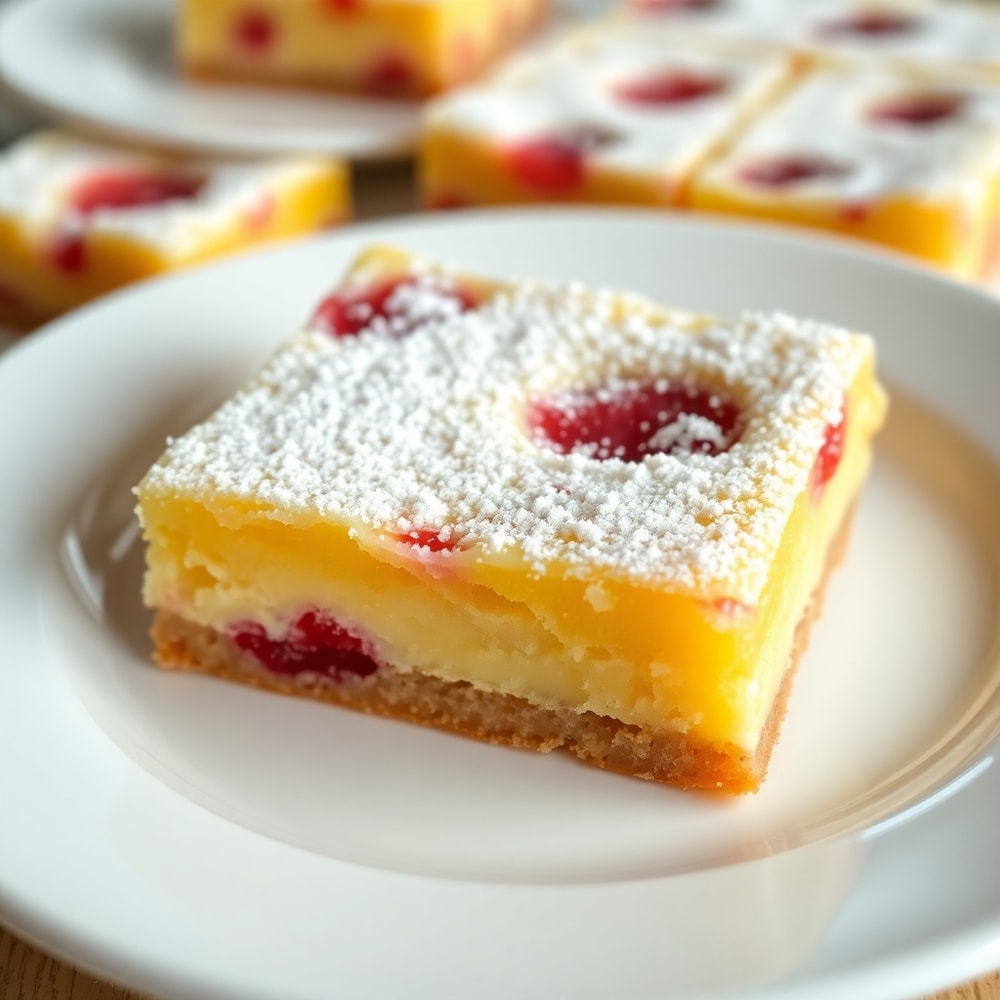 Lemon Raspberry Bars plated with a dusting of powdered sugar