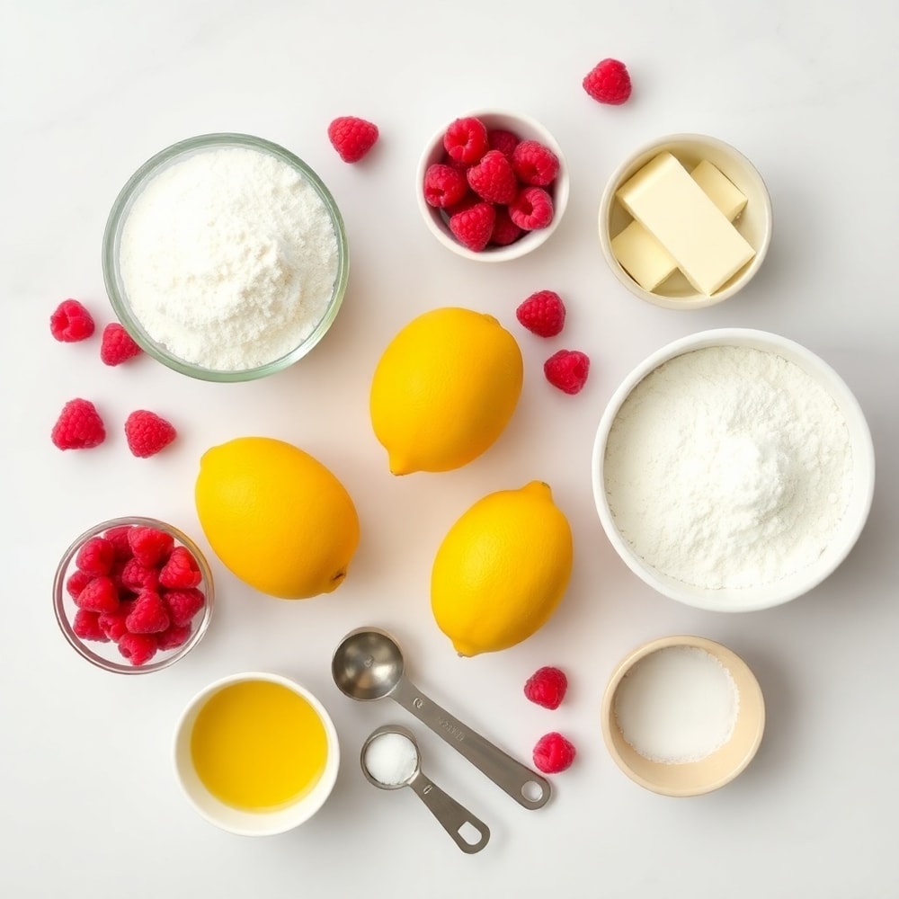 Lemon Raspberry Bars ingredients: lemons, raspberries, flour, sugar, butter, eggs, salt