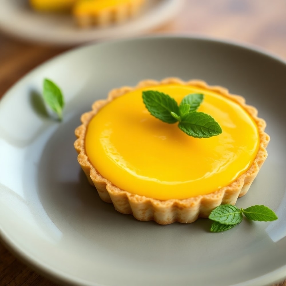 Mango Curd Tart plated with fresh mint leaves