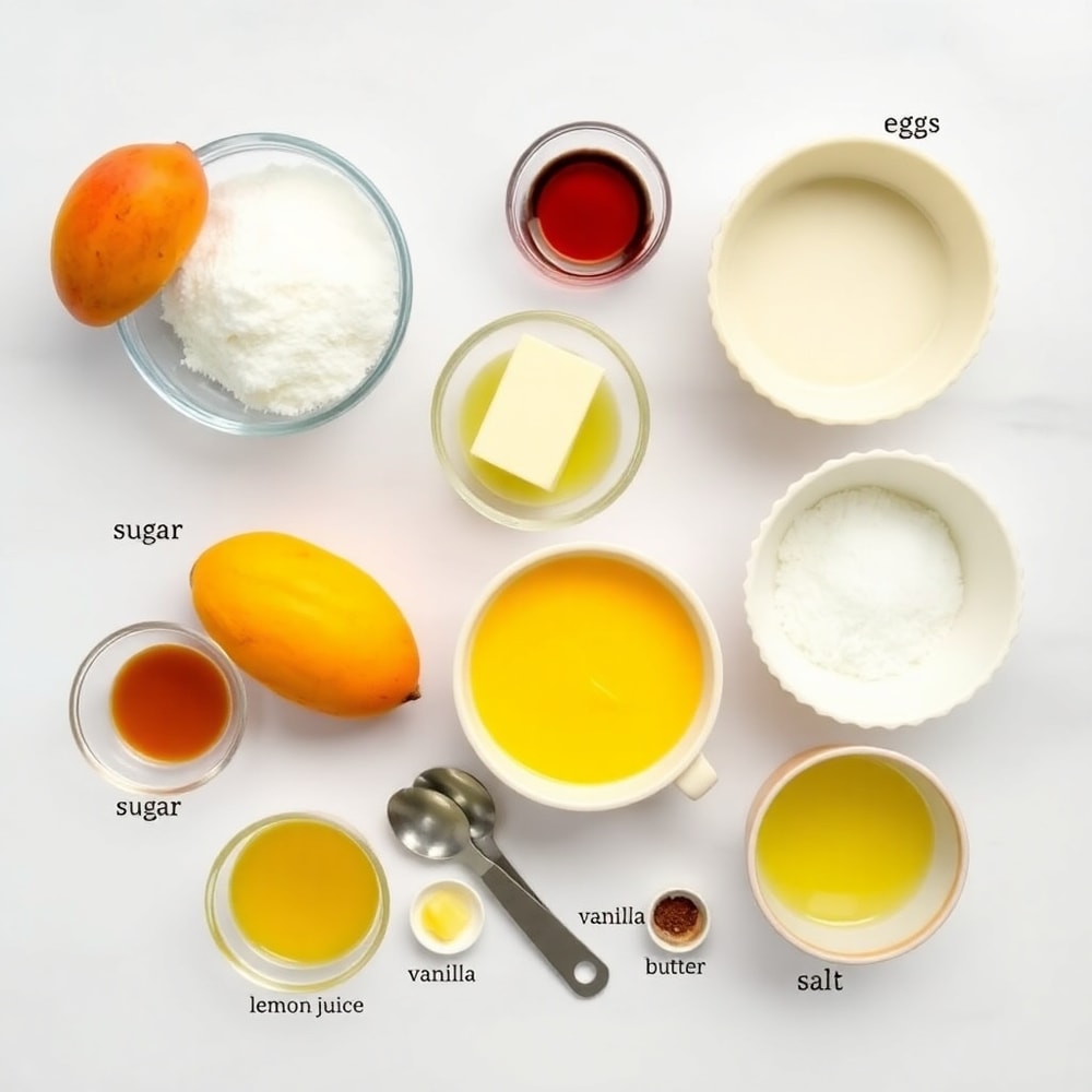 Raw ingredients for Mango Curd Tart: mangoes, sugar, eggs, butter, tart shell