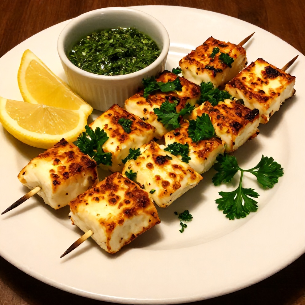 Plated Mediterranean Halloumi Skewers with herb sauce