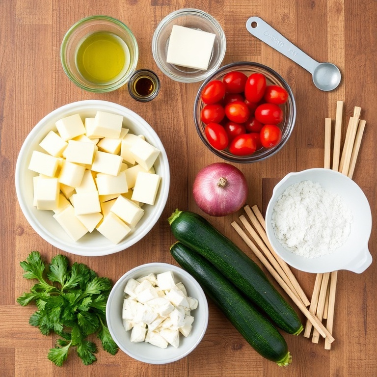 Raw ingredients for Mediterranean Halloumi Skewers laid out on a wooden surface