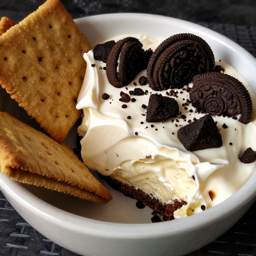 Cookies and Cream Cheesecake Dip served in a bowl with Oreo cookies and graham crackers