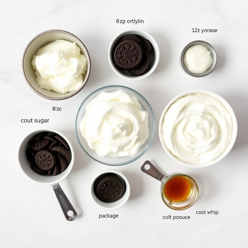 Raw ingredients for Cookies and Cream Cheesecake Dip: cream cheese, powdered sugar, Cool Whip, Oreo cookies, vanilla extract