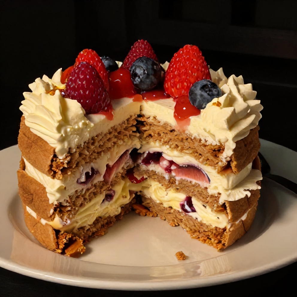 Sliced no-bake flag cake with crispy graham crackers, creamy whipped cream, and fresh berries