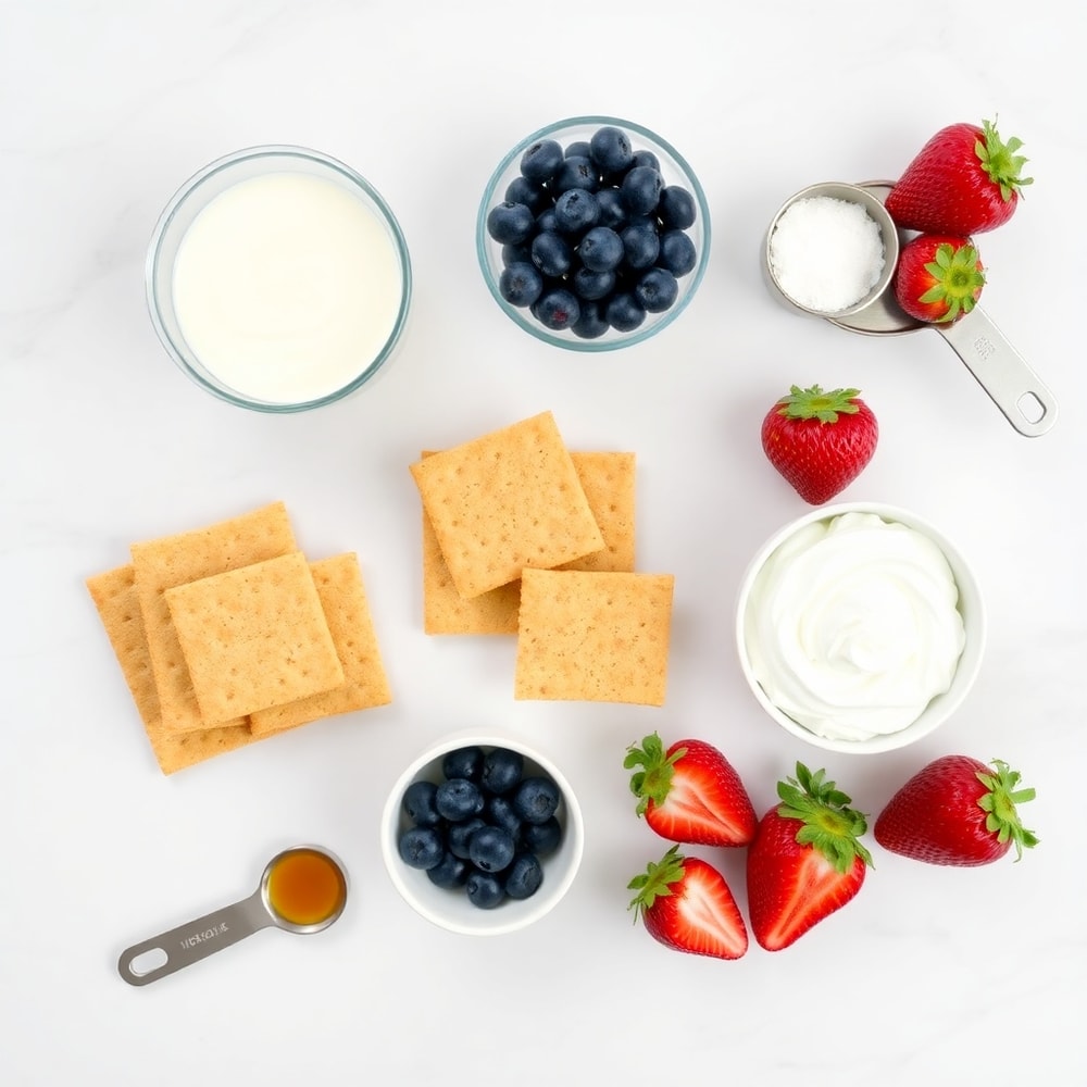 Raw ingredients for no-bake flag cake: graham crackers, whipped cream, blueberries, strawberries, and a 9x13 inch pan