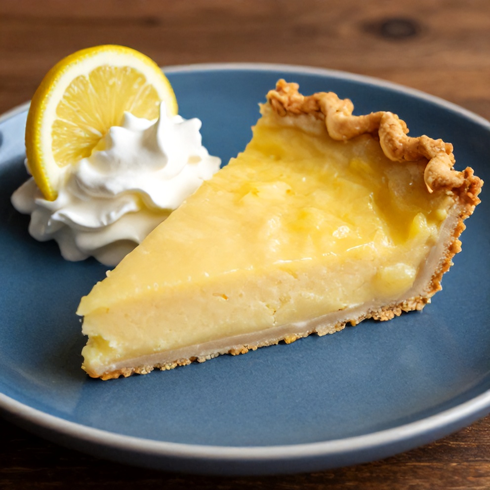 Sliced no bake lemon pie on a blue plate with a dollop of whipped cream