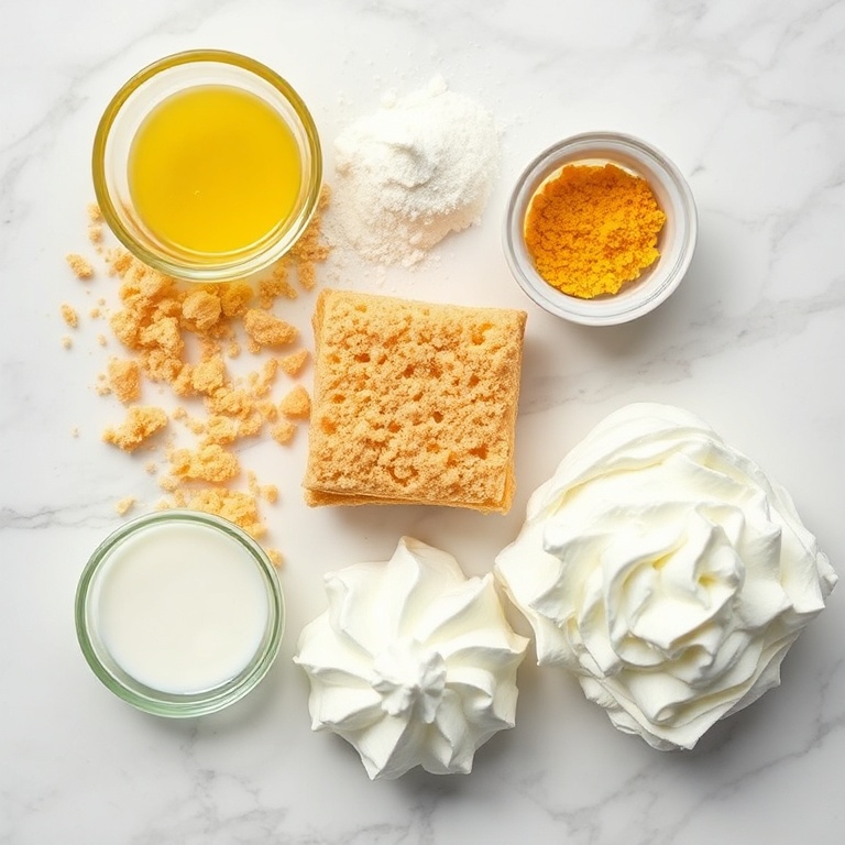 Graham cracker crumbs, lemon filling ingredients, and whipped cream arranged on a marble surface