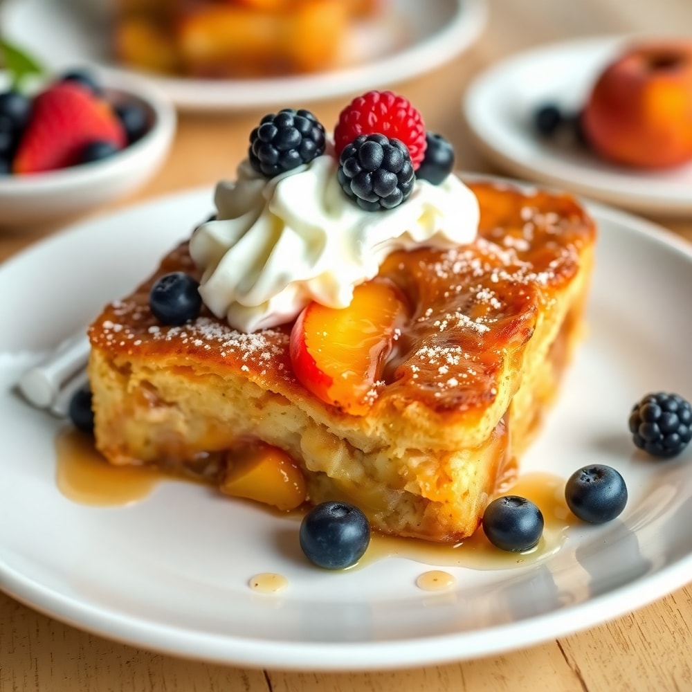 Plated serving of Peach Cobbler French Toast Bake