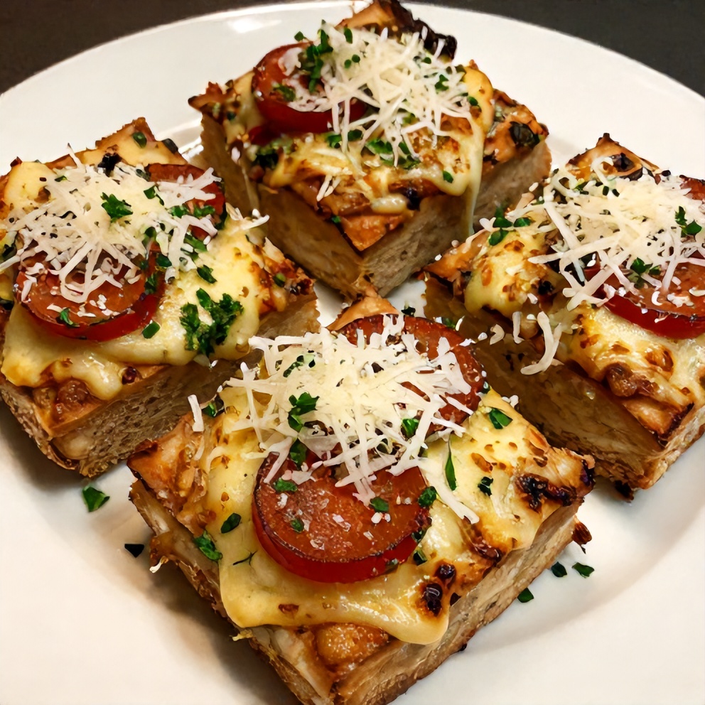 Garnished garlic butter pepperoni pizza sliders on a plate