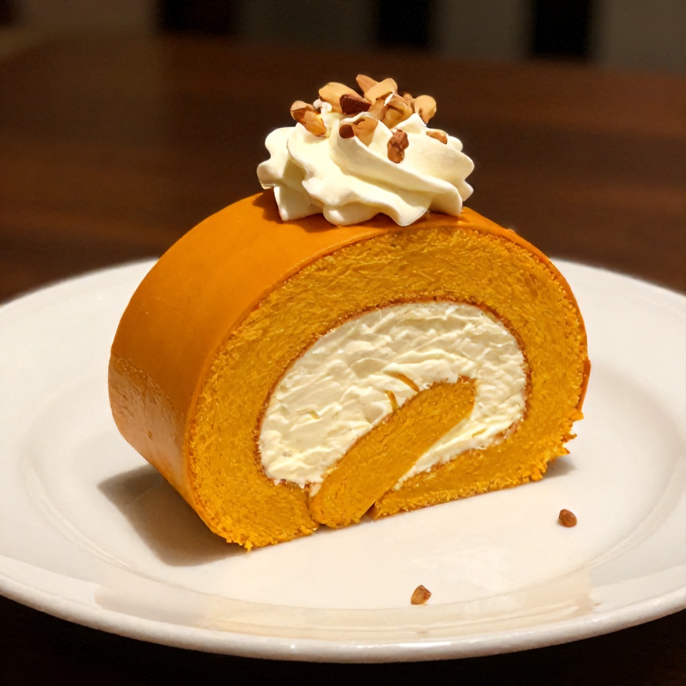 Pumpkin roll slice on a dessert plate