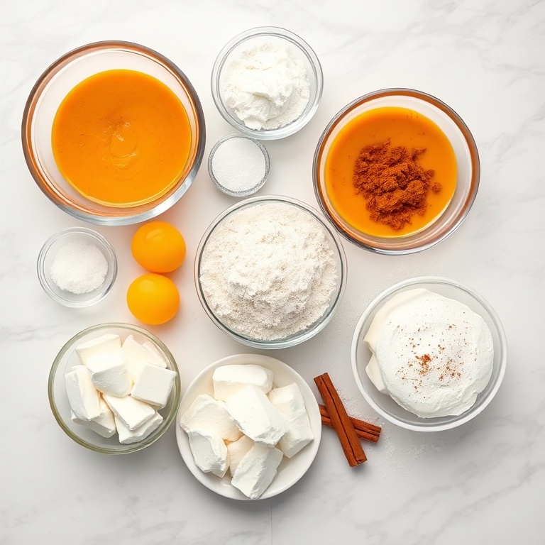 Pumpkin roll ingredients on a marble counter