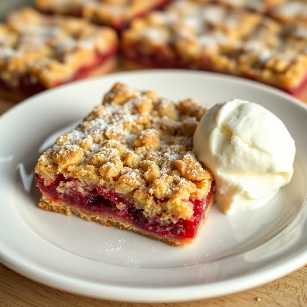 Raspberry Oatmeal Crumble Bars on a serving plate
