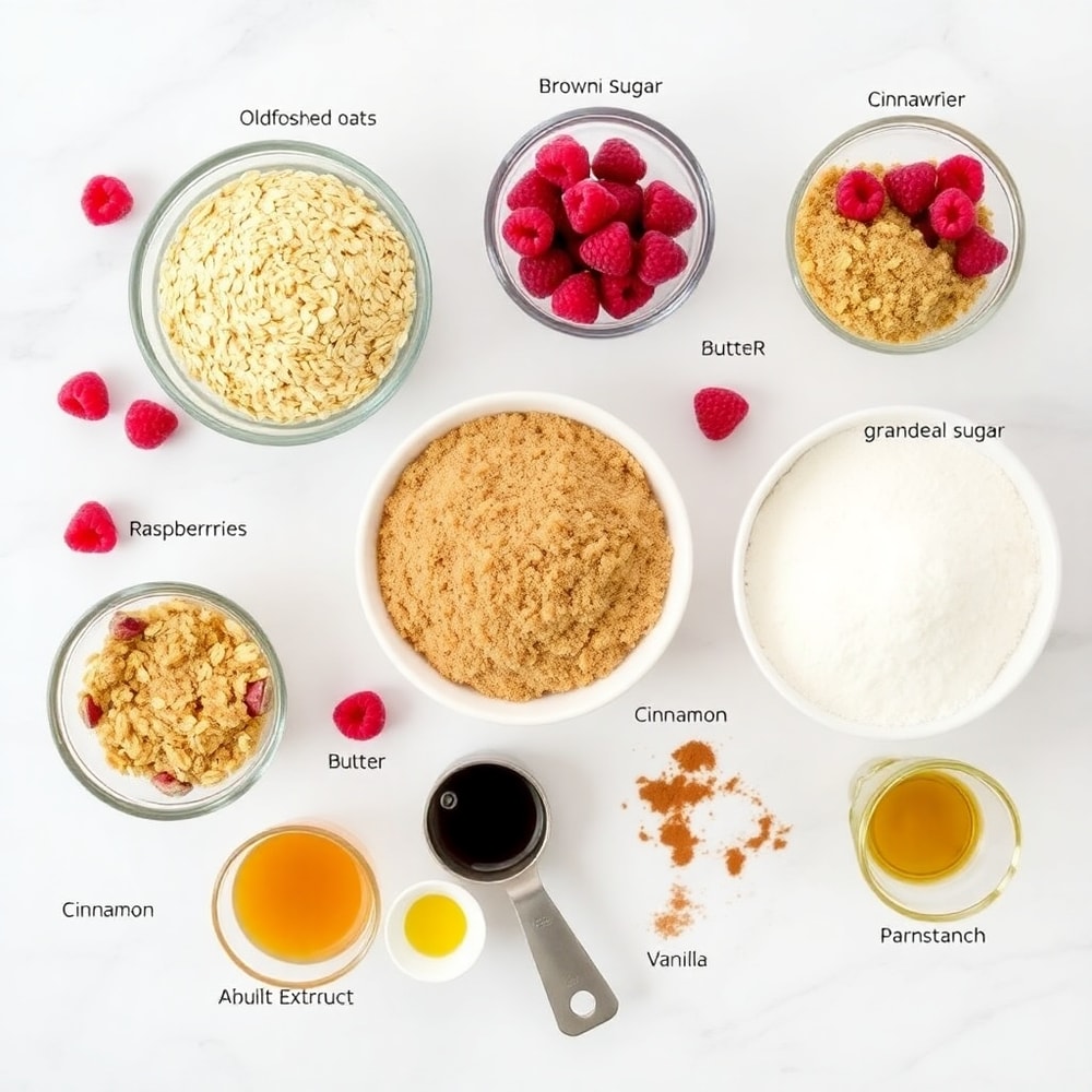 Raspberry Oatmeal Crumble Bars ingredients on a marble counter