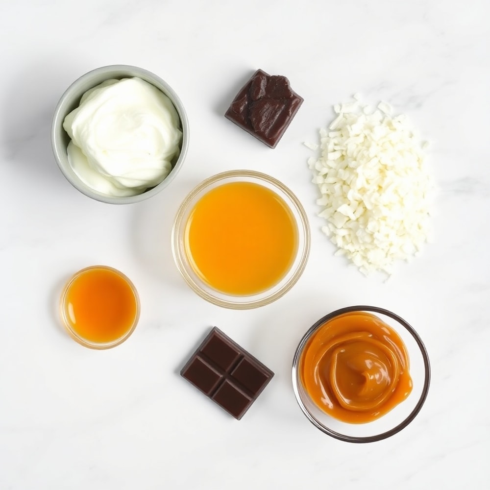 Coconut flakes, Greek yogurt, honey, dark chocolate, and other ingredients laid out on a white marble surface