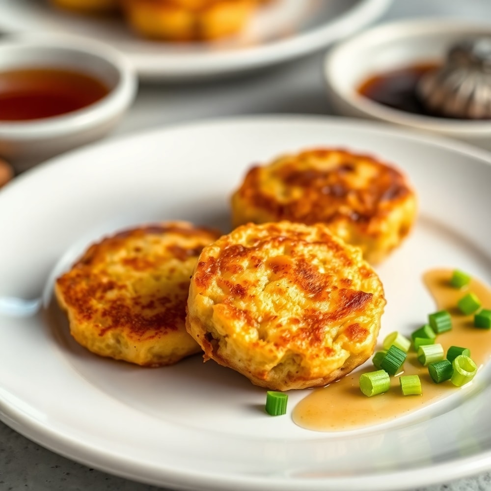 Plated sausage pancake bites with a side of syrup