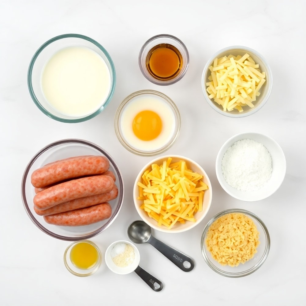 Raw ingredients for sausage pancake bites on a marble surface