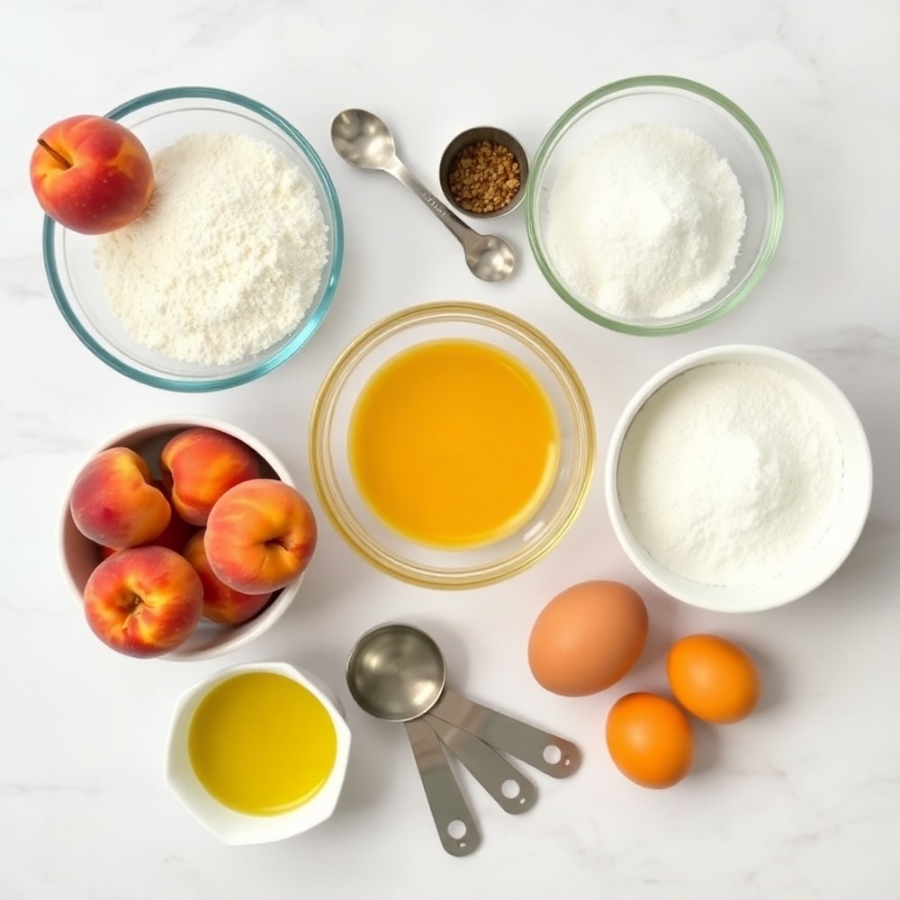 Ingredients for Easy Spiced Peach Bread on a marble surface
