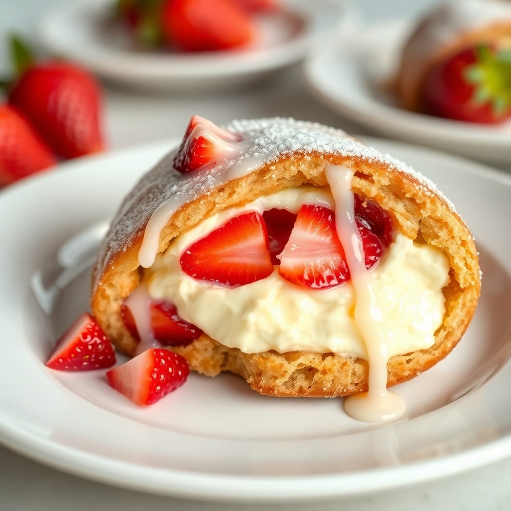 Strawberry cheesecake breakfast roll on a white plate
