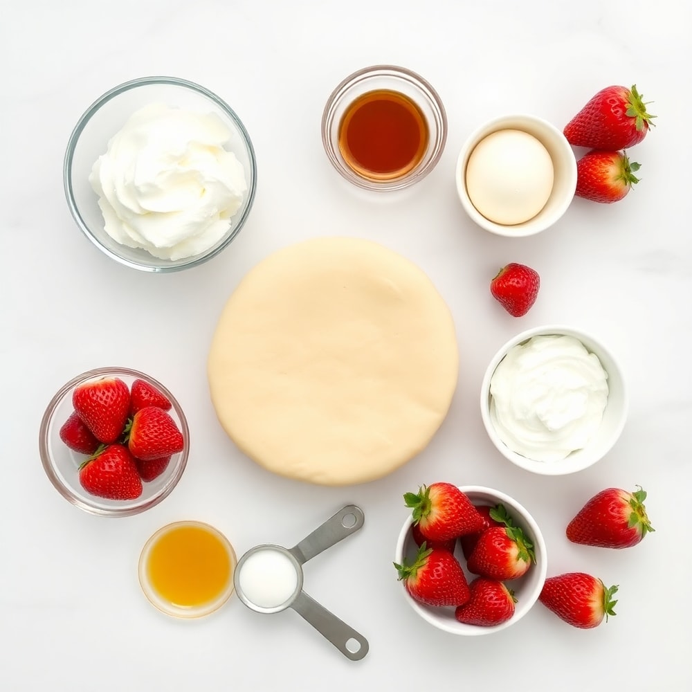 Ingredients for strawberry cheesecake breakfast rolls on a white marble surface