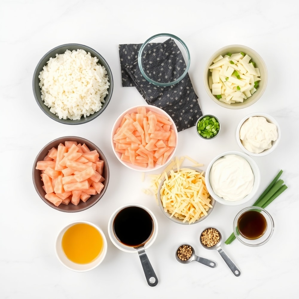 Raw ingredients for Easy Sushi Bake arranged in a flat lay