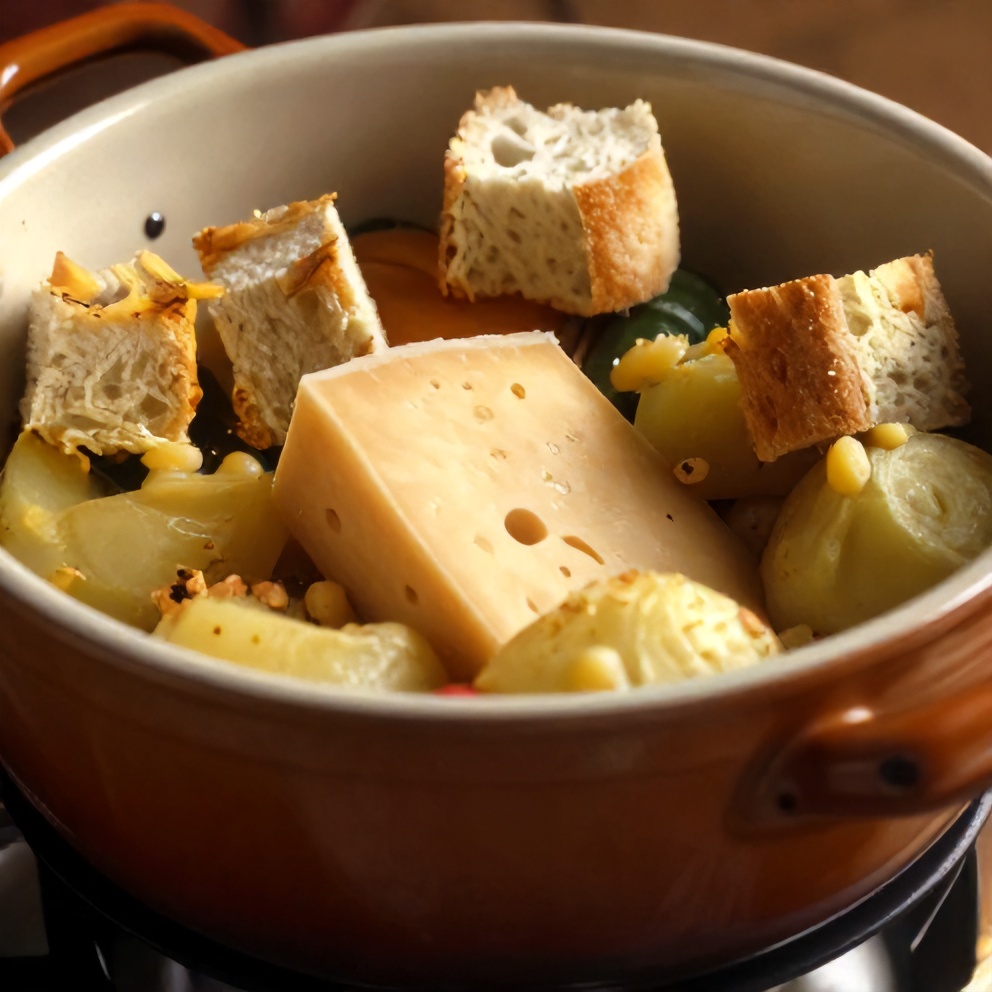 Swiss Fondue served with bread cubes, vegetables, and boiled potatoes
