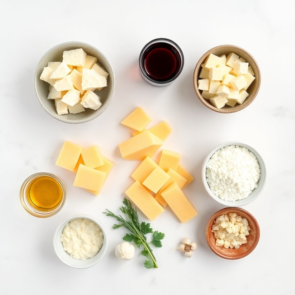 Raw ingredients for Swiss Fondue: Gruyere cheese, white wine, garlic, Kirsch, cornstarch, and bread cubes