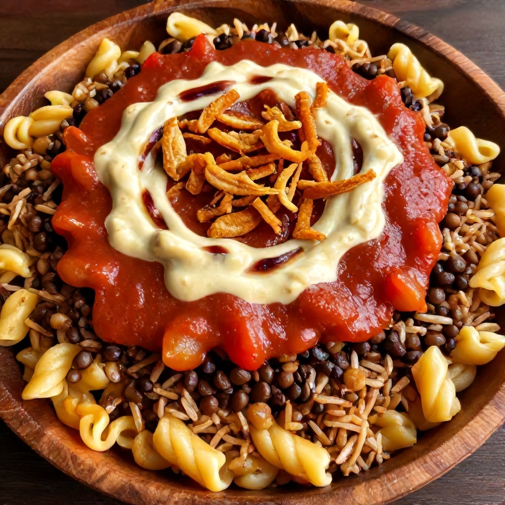 Plated Egyptian Koshari with garnish