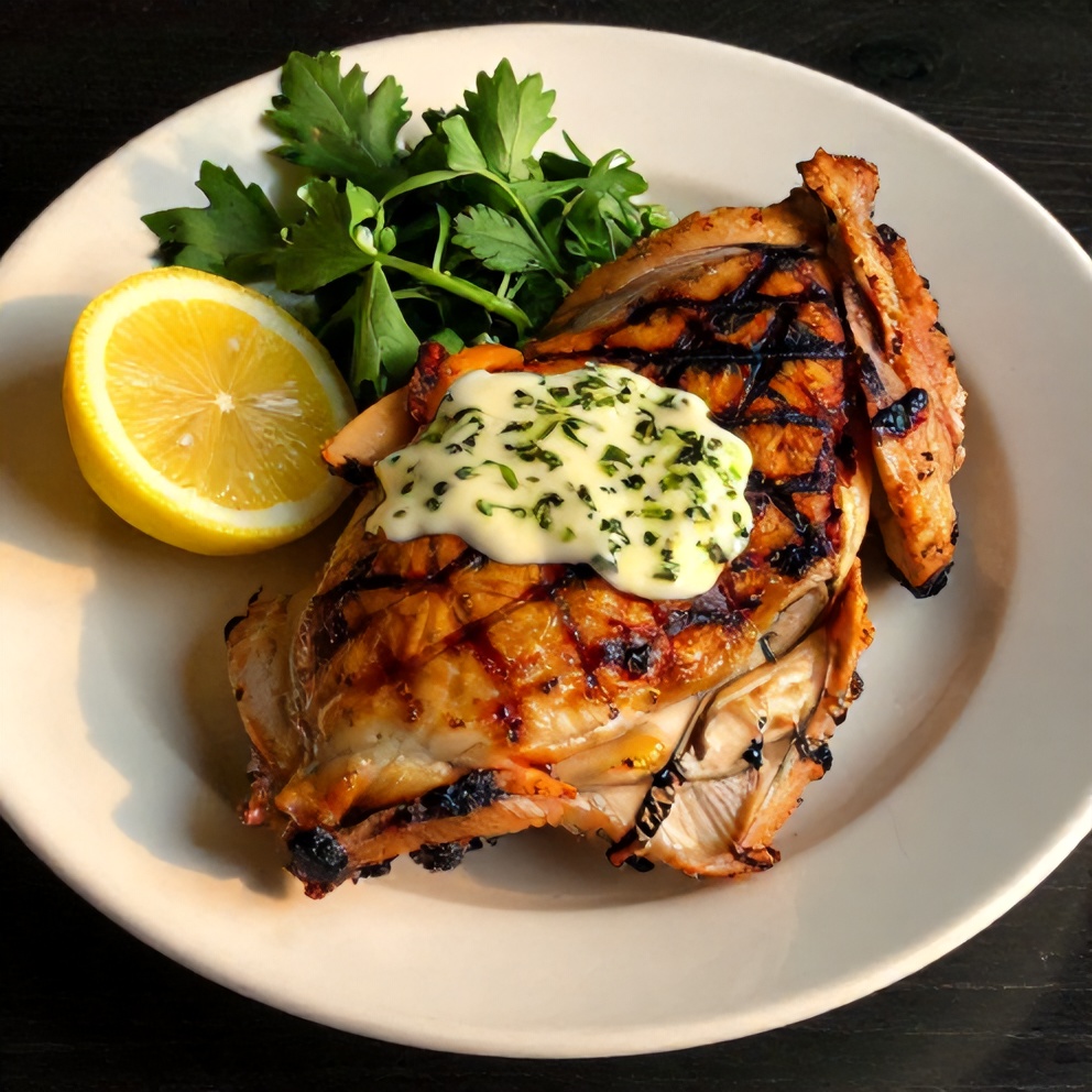 Plated Grilled Spatchcock Chicken with Herb Butter